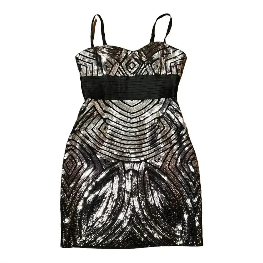 BCBG MAXAZRIA Sequined Black and Silver Cocktail Dress Sz 0 $578 New